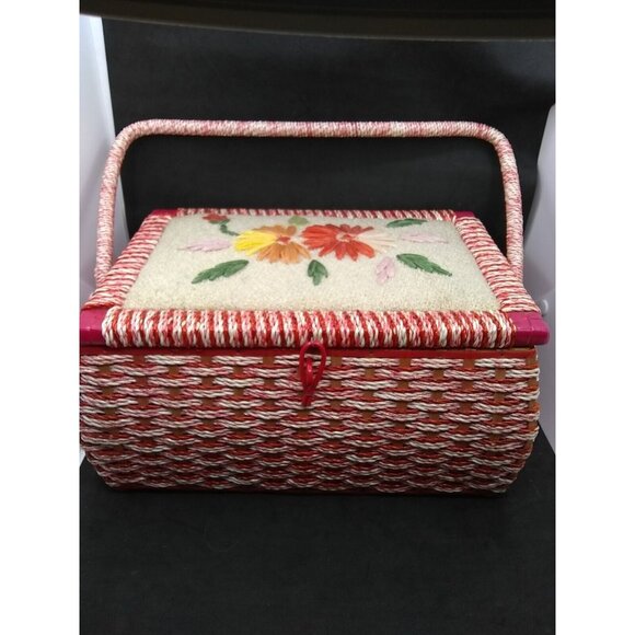 Vintage JC Penney Japan wooden Wicker floral Sewing Basket  READ DESCRIPTION - Picture 1 of 12